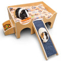 Guinea Pig Wooden Hideout with Built-in Feeder, Screw-Assembled Natural Wood Castle with Absorbent Fleece Mat, Ramp & Accessories, Cozy Safe Hideaway for Small Pets to Rest, Play & Explore