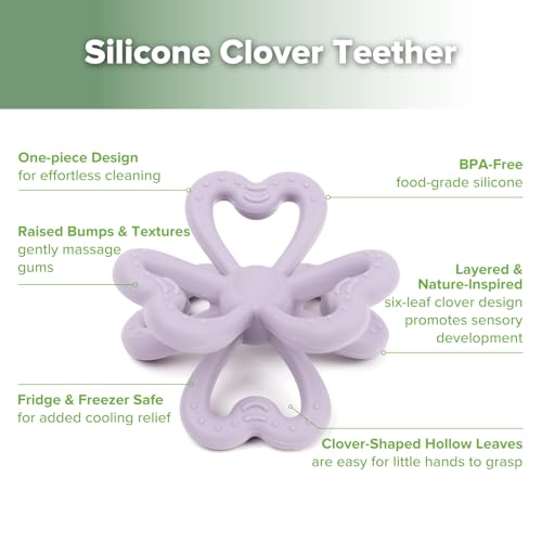 haakaa Silicone Clover Teether, Teethers for Babies 3 Months+, Lavender - color: Lavender
