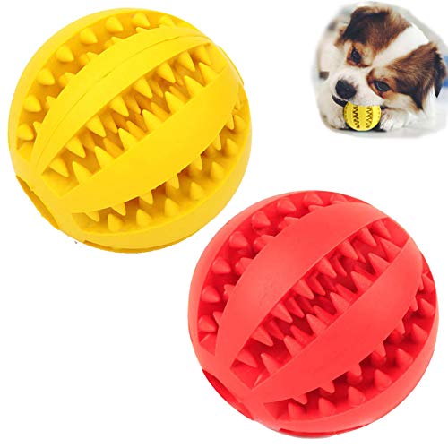 Sunglow 2 Pack Dog Toy Ball，Nontoxic Bite Resistant Teething Toys Balls for Small/Medium/Large Dog and Puppy Cat, Dog Pet Food Treat Feeder Chew Tooth Cleaning Ball Exercise Game IQ Training Ball - color: Red/Yellow, size: 2.36 in