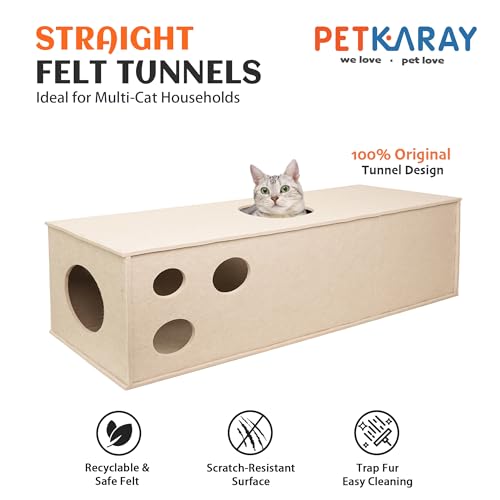 PETKARAY Cat Tunnel, Original Cat Hideaway Cave for Indoor Cats, Large Kitten Play Tubes and Tunnels, Soft Felt Cat Toy with Interactive Peek Hole, Beige Straight - color: Beige, size: Straight Tunnel