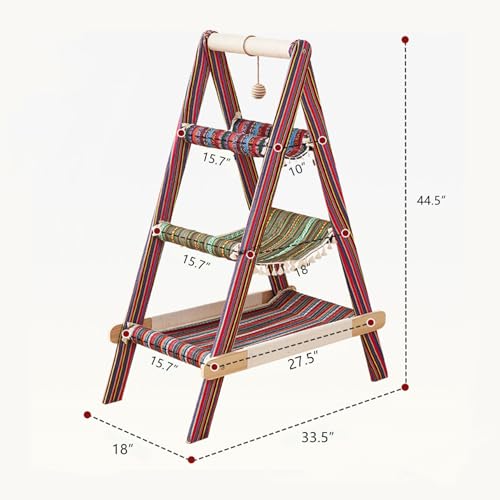 SHENGOCASE 3-Tier Modern Boho Style A Frame Wooden Cat Tree Tower Ladder with Multi-Level Bed Hammock for Large Cat and Sctatching Post, Hanging Toy Ball (Boho) - color: Boho
