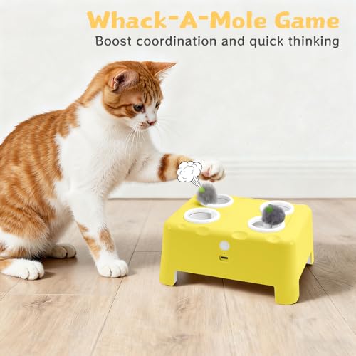 Interactive Cat Feather Toy Cheese Box 3in1 Whack a Mole - color: Yellow
