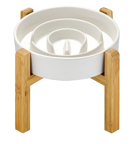 Ceramic Slow Feeder Dog Bowls Elevated, 2.0 Cups Slow Feeder for Medium Dogs, Puzzle Maze Bowl to Slow Down Eating, 30oz, 8in, White - color: White + Stand, size: 8 Inches