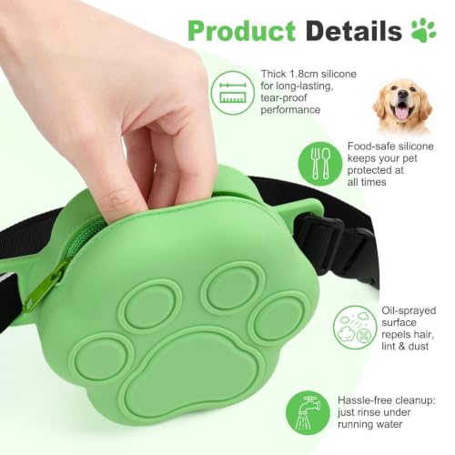 Dog Treat Pouch with Training Clicker and 2 Poop Bags, 1.8 Cup Small Sealable Zipper Silicone Fanny Pack with Waist Belt, Pet Puppy Training & Walking Essentials (Green) - color: Green