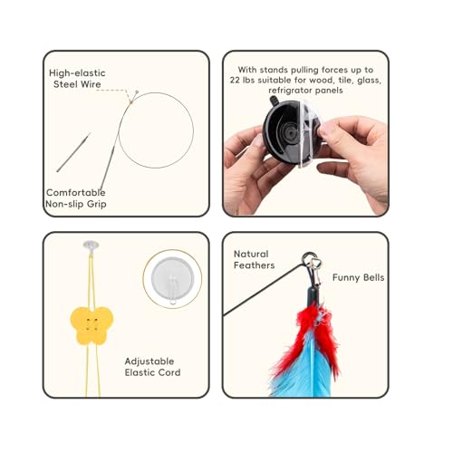 4-in-1 Interactive Cat Toys Set - Feather, String,Suction Cup Cat Toy Stick & Wand Toys with 15 Replaceable Attachments for Indoor Cats