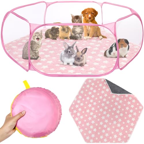 VitalCozy Guinea Pig Playpen with Mat Small Animal, Pink, Star - color: Pink