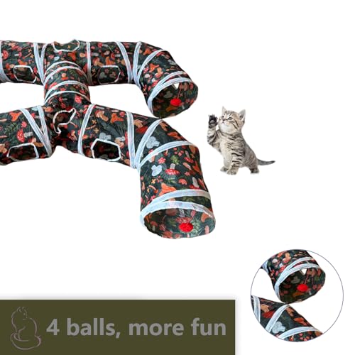 Foldable H-Shaped Cat Tunnel Toy with Interactive Playing Balls - 4 Exits for Cats, Kittens, Rabbits & Small Pets Collapsible Play Tube for Indoor Fun & Exercise - color: Brown White