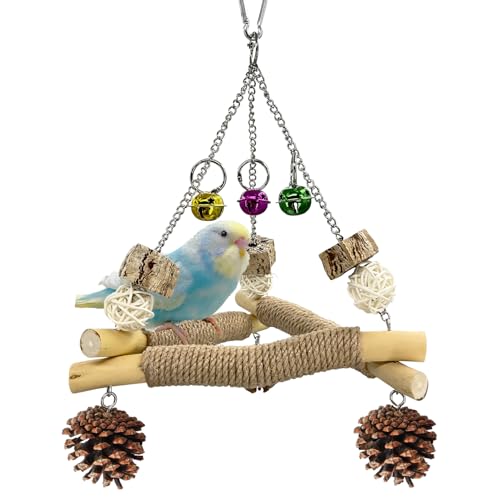 Bird Swing with 3 Bells & Natural Chew Toys – Triangular Perch Stand with Sisal Rope for Parakeets, Cockatiels, Lovebirds, Conures, Parrot – Stable Balance Trainer & Beak Care
