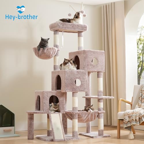 Hey-brother Cat Tree Tower with 3 Condos, Step Climbing Pathway MPJ081MU - color: Muchroom, size: 74.8 inches