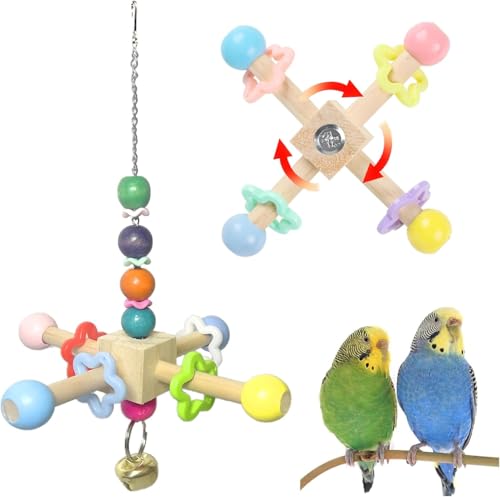 2pcs Bird Spinner Toys for Parrots with Bells for Cage, Natural Wood