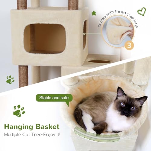 Globlazer 85 Inch Tall Cat Tree for Large Cats, Multi-Level Cat Tower for 4+ Cats with 3 Condos, 2 Hammocks & Sisal Posts, Heavy Duty Cat Tree Tower for Maine Coon, S85, Beige - color: Beige, size: 85 Inch