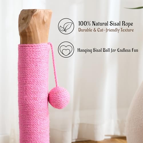 29" Tall Solid Wood Cat Scratching Post for Indoor Cats, Extra Stable Heavy Base, Natural Sisal Scratcher with Hanging Ball, Furniture Protector for Kittens & Adult Cats, Pink - color: Pink