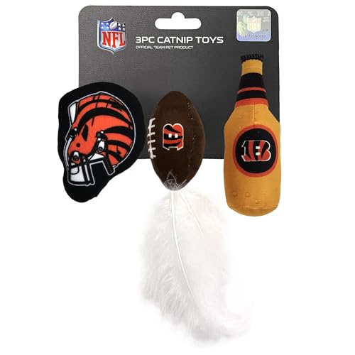 Best Plush CAT Toy - NFL Cincinnati Bengals Complete Set of 3 Piece Cat Toys Filled with Fresh Catnip. Includes: 1 Helmet Cat Toy, 1 Football Cat Toy with Feathers & 1 Beer Bottle. - color: Cincinnati Bengals, style: NFL Cat Trio Toy
