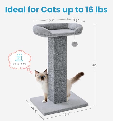 Made4Pets 32" Carpet Cat Scratching Post with Bed for Indoor Cats, Grey