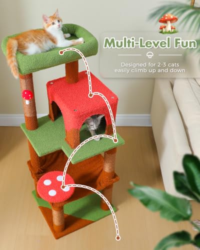 MUTTROS 45.7" Mushroom Cat Tree with Metal Hammock, 6 Tiers, Brown - color: Brown, size: 45.7in