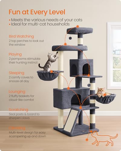 Feandrea Cat Tree, 68.5-in Tall Cat Tower, Multi-Level Condo, Dark Gray - color: Dark Gray