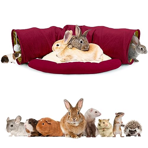 BWOGUE Bunny Tunnel Bed, 2-in-1 Collapsible Rabbit Tunnel Hideout with Mat - color: Red