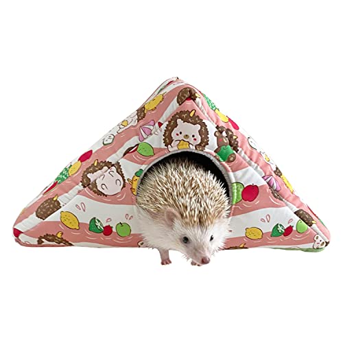 Hedgehog Fleece Corner Hideout Cave Collapsible Pet Play Toy Tunnel Tube Warm House Hidey Hut for Sugar Glider Ferret Hamster Small Animal Beds (Pink/Green)