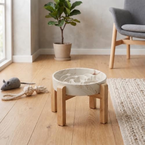 Elevated Ceramic Slow Feeder Dog Bowls Anti-Choking Slow Feeding for Medium& Large Anti-Slip Non-Lead & Toxic Durable Easy to Clean Maze Slow Feeder Bowl（8.66in Marble Brown Stars Pattern） - color: Marble Brown Stars Pattern, size: 3.6Cup