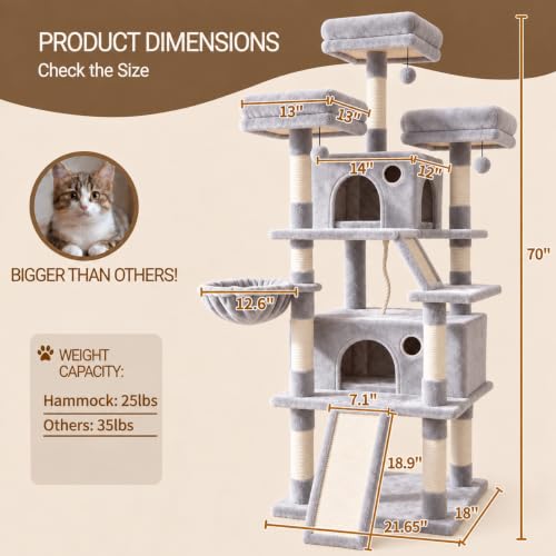70 Inch Tall Cat Tree Tower for Indoor Cats, Multi-Level Large Cat Condo with Scratching Posts, Hammock & Perches, Sturdy Activity Center for Big Cats/Light Grey - color: Light Grey
