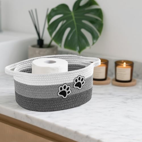 Small Woven Cotton Rope Nursery Organizer Bins, Dog Toy Basket Bins with Handle, Cute Empty Pet Gift Storage Baskets with Paw - color: White-Grey