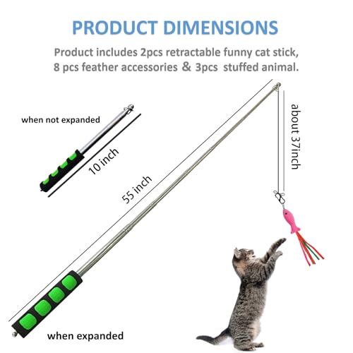 2pcs Retractable Cat Wand Toys,Cat Fishing Rod with 11pcs Cat Feather Toys Refills,Cat Toys Wand for Indoor Or Outdoor Cats.