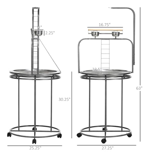 PawHut Parrot Stand Large Bird Perch Stand with Toy Hook & 3 Ladders, Parrot Perch with Easy Grip, Bird Wooden Stand, Gray