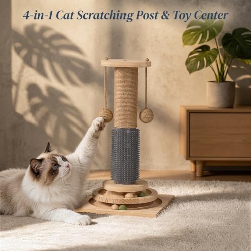 4-in-1 Solid Wood Cat Scratching Post with Self-Groomer, Medium Size - size: Medium