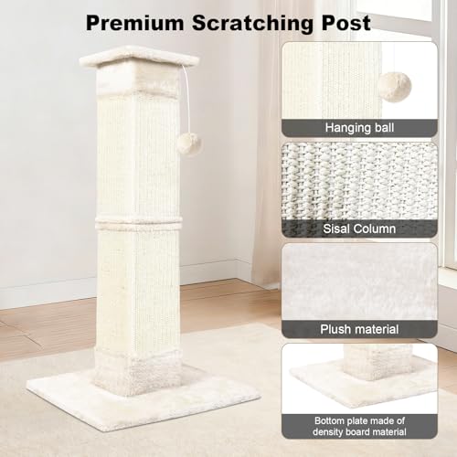 Cat Scratching Post 33 Inch for Indoor Cats, Sisal Cat Scratcher, Beige - color: Beige White