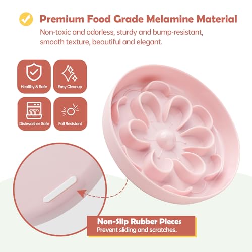 Slow-Food Cat Bowl - Made of Melamine, Suitable for Both Dry and Wet Food - Cute Flower Maze Pattern, Promotes Healthy Feeding and Helps Protect Whiskers - Dishwasher Safe - 6.3 in Wide x 1.1 in high - color: Pink