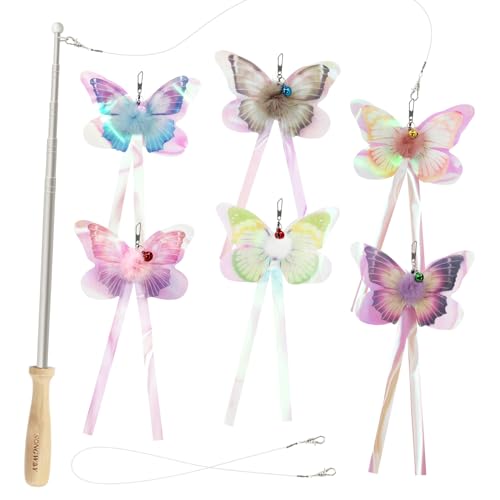 SONGWAY Cat Butterfly Toys Wand - 7 Pieces Cat Toy Set, Retractable Cat Wand with 6 Butterfly Cat Toys Replacement with Bells, Interactive Cat Toys for Indoor Cats Kittens - size: Butterfly