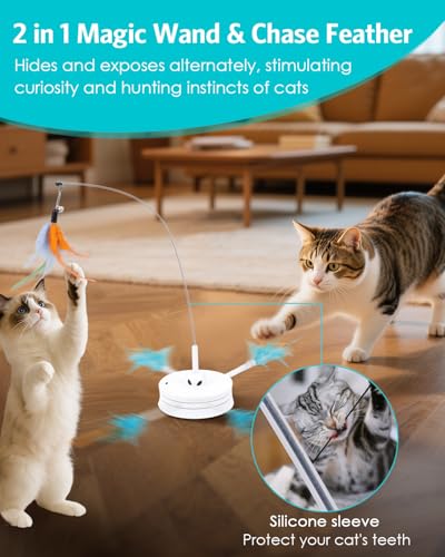 Interactive Cat Toy, Rechargeable Cat Toys for Indoor Cats, Automatic Cats Chasing Toy, Hide & Seek, 2 Modes, Self-Holding Suction Base, 3-in-1 Feather Toys with 1 Teaser Pole, 4 Replacements