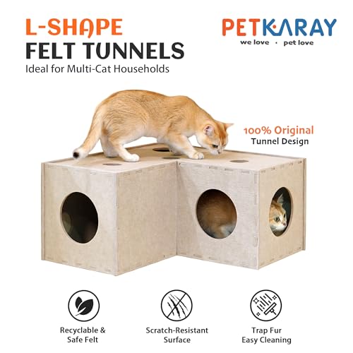 PETKARAY Cat Tunnel, Original Cat Hideaway Cave for Indoor Cats, Large Kitten Play Tubes and Tunnels, Soft Felt Cat Toy with Interactive Peek Hole, Beige L Shape - color: Beige, size: L-shape Tunnel