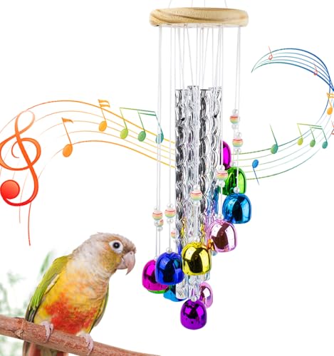 FlidRunest Bird Toys, Conure Wind Chimes Chewing Toy with Colorful Stick, Parakeet Toys 4 Aluminum Tubes 11 Bells, Parrot Cage Windchime Hanging Bells Toys for Conure, Parakeet, Cockatiel - style: Rotate-Metal