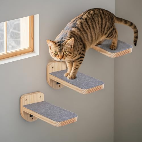 ESPETS Set of 3 Natural Wood Cat Wall Steps Floating Ladder Stairs - color: Burlywood