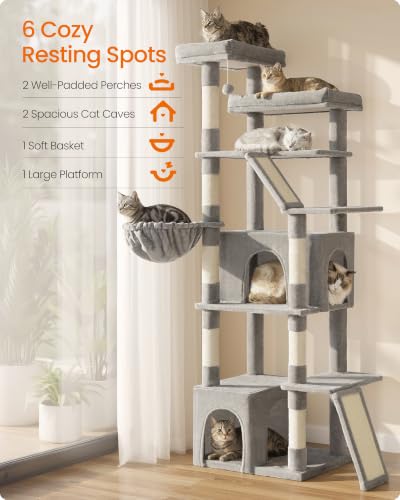 Feandrea 72.6-Inch Tall Cat Tree Tower for Indoor Extra Large Cats, Scratching Posts, Scratching Boards, Multi-Level Design, Dove Gray UPCT014G101S - color: Dove Gray