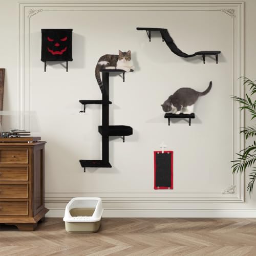 COZIWOW 5Pcs Wall Mount Cat Tree & Shelf Furniture for Cats, Black&Red - color: Red&Black