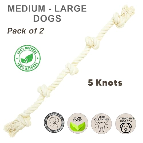 Dog Rope Toys for Large/Medium Aggressive Chewers, Tough Cotton Chew Toy, 39 Inch 5 Knots Indestructible, Tug of War Dog Pull Rope Teeth Cleaning (5 Knots (Pack of 2)) - size: 5 knots (Pack of 2)