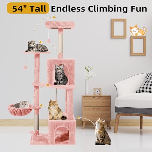 Cat Tree 54-Inch Cat Tower with Padded Plush Perch 2 Comfy Caves, Scratching Posts, Basket, 2 Pompoms, Multi-Level Plush Cat Condo for Indoor Cats Kittens, Pink - color: Pink
