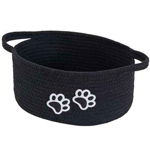 Small Woven Cotton Rope Nursery Organizer Bins, Dog Toy Basket Bins with Handle, Cute Empty Pet Gift Storage Baskets with Paw - color: Black