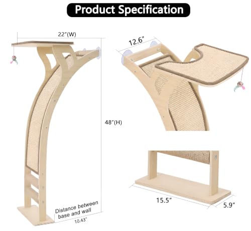 Cat Window Perch with Scratcher Ramp, 48-Inch Tall Wooden Climbing Tree - size: Medium