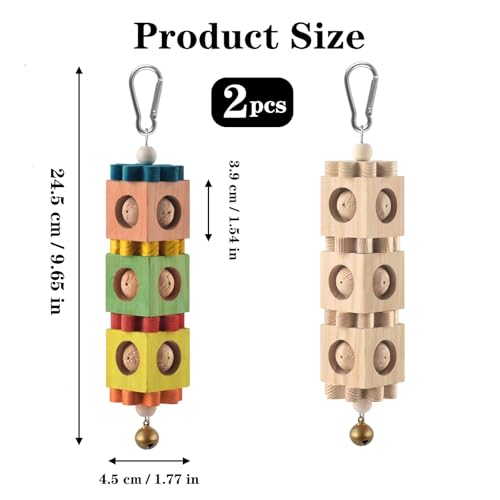2 Pack Bird Chew Toys for Beak Grinding, Hanging Rotating Wood Block with Bell Parrot Foraging Enrichment Toy for Small to Medium Cocktiel, Conure, Caique