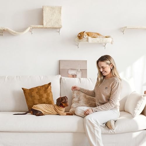 FUKUMARU Cat Wall Shelves, 4 in 1 Set, Beige - color: Beige