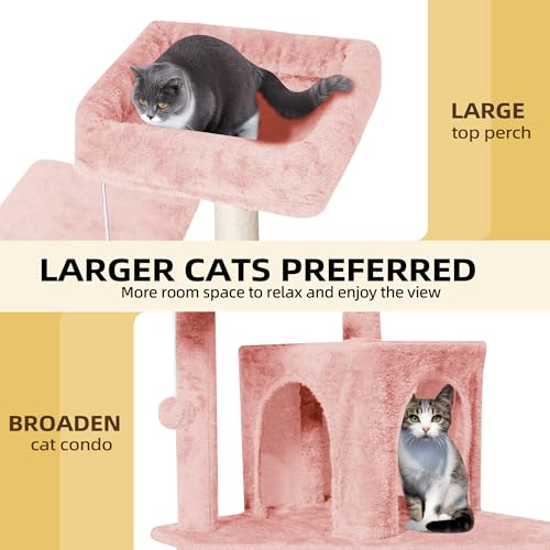 Cat Tree 54-Inch Cat Tower with Padded Plush Perch 2 Comfy Caves, Scratching Posts, Basket, 2 Pompoms, Multi-Level Plush Cat Condo for Indoor Cats Kittens, Pink - color: Pink