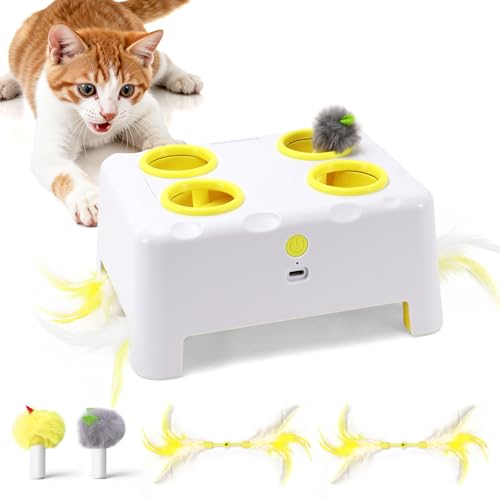 Interactive Cat Feather Toy Cheese Box 3in1 Whack a Mole - color: White