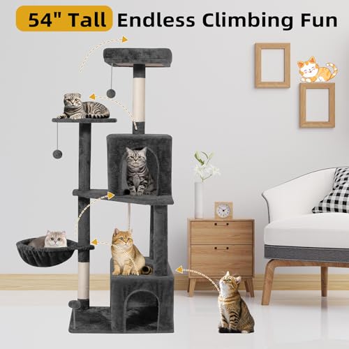 Cat Tree 54-Inch Cat Tower with Padded Plush Perch 2 Comfy Caves, Scratching Posts, Basket, 2 Pompoms, Multi-Level Plush Cat Condo for Indoor Cats Kittens, Dark Gray - color: Dark Gray