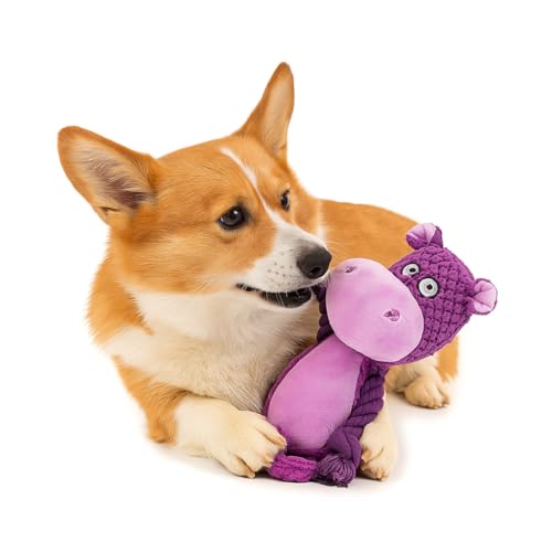 Plush Hippo Dog Toy with Squeaker and Crinkle Paper for Puppies - color: Purple