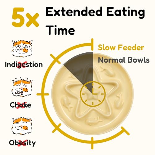 2 Pcs Cat Slow Feeder Bowl – Whisker Friendly Melamine Puzzle Feeding Cat Bowl for Slow Eating – Wet & Dry Food – Dishwasher Safe, Lightweight, Non-Slip (Buttercream + Shell White, 6.3'') - color: Buttercream + Shell White
