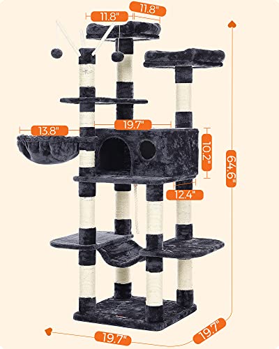 Feandrea Cat Tree, 62.4 Inches, Activity Center with Hammock, Basket - color: Smoky Gray