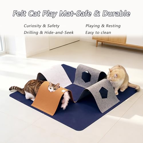 Cat Tunnel Mat for Indoor,4-Way Felt Cats Play Mat Cat Cave for Hide & Seek - color: Navy Blue